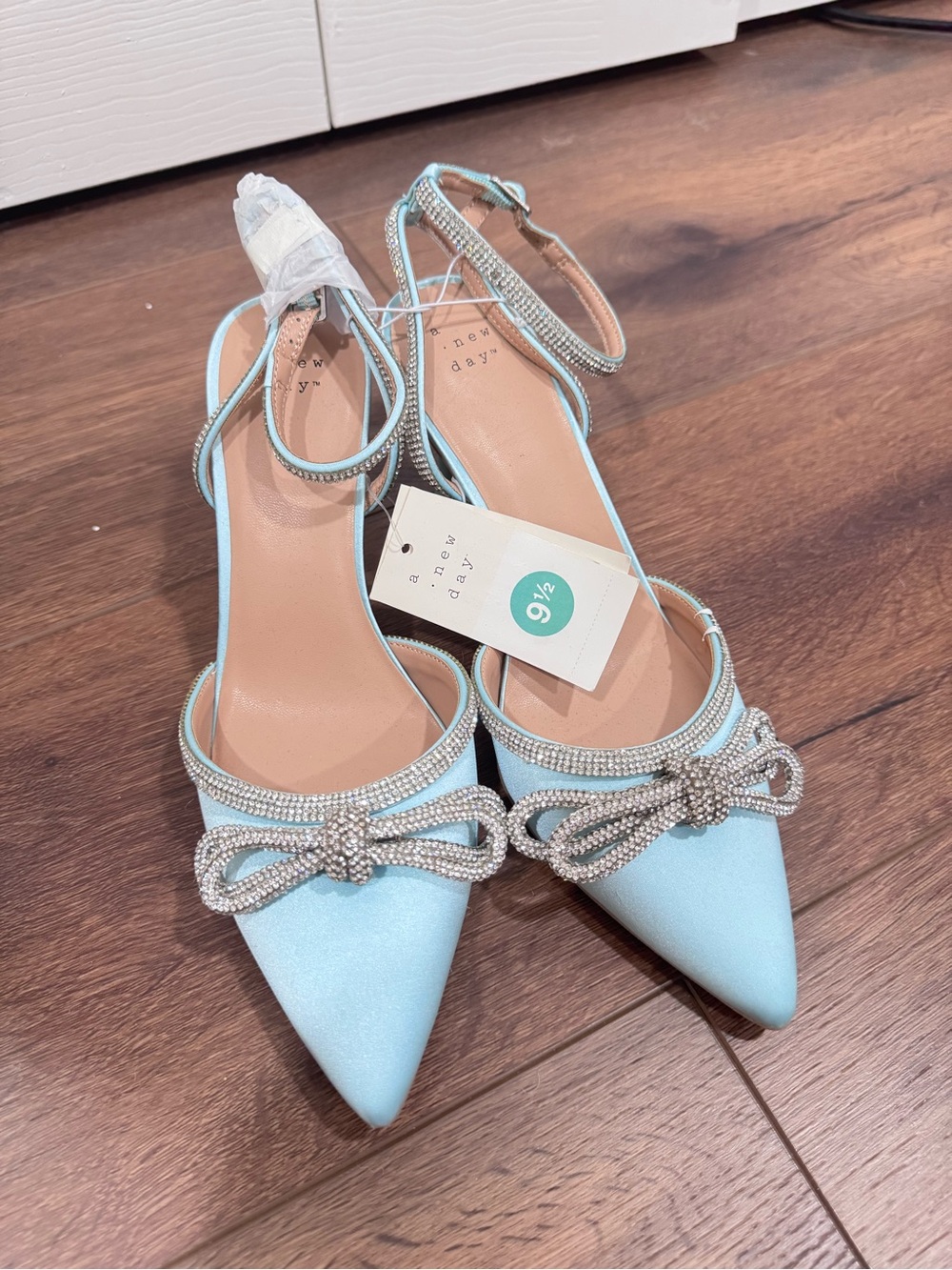 a new day Baby Blue Pointed Toe Ankle Strap Heels with Crystal Bow